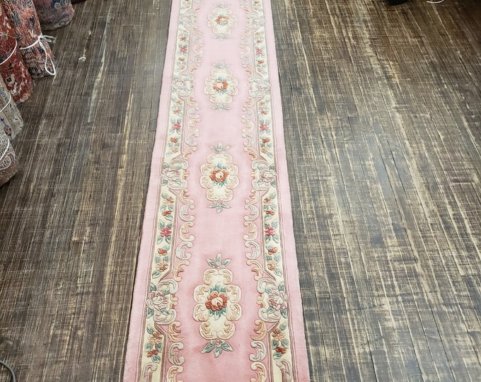 Chinese Art Deco Peking rug runner 90 line wool hand knotted  rug wool vintage rug size 2'4"×18'  oriental rug  pink runner Chinese rug