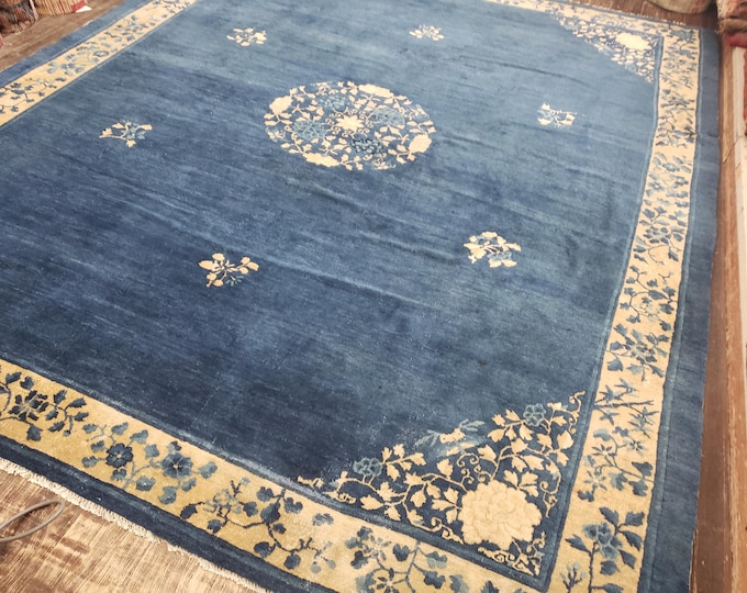 Peking Chinese Antigue  Art Deco vintage Chinese hand knotted wool rug Nicholas Chinese with indigo blue background size 9'3"×11'2"