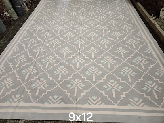 Handwoven Cotton Dhurrie Rug  Flatweave Indian Rug | Lightweight Reversible Area Rug |  High-Traffic Carpet Tribal Kelim pastel color 9'×12'