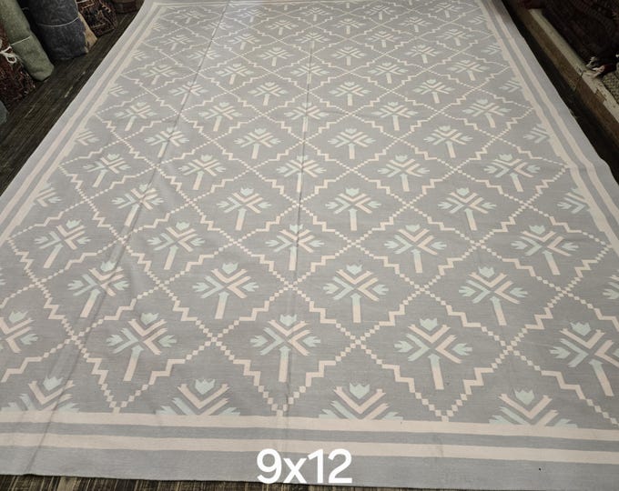 Handwoven Cotton Dhurrie Rug  Flatweave Indian Rug | Lightweight Reversible Area Rug |  High-Traffic Carpet Tribal Kelim pastel color 9'×12'