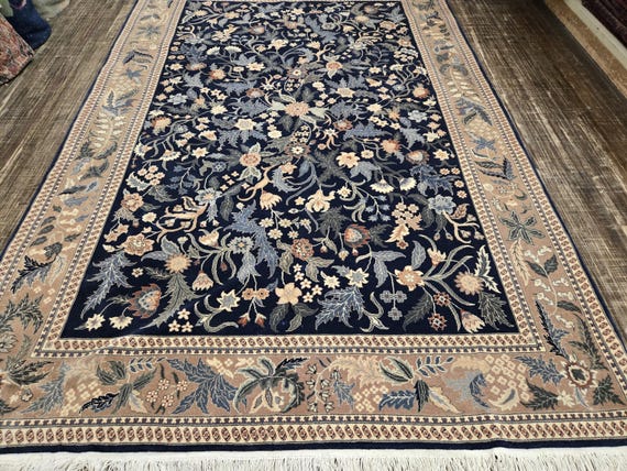 Chinese Art Deco Arts and crafts 120 line wool hand knotted  rug Aubusson Chinese rug size 6'×9'  English garden royal blue & peach Chinese