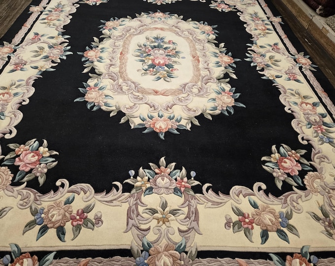 Chinese Art Deco Peking rug  90 line wool hand knotted  rug Aubusson Chinese rug size 8'×10' oriental rug  black&beige Chinese rug