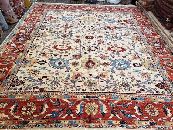 Authentic woven legend rug Turkish Azeri rug oushak rug Natural dyes rug Mahal rug size 9'5"×10'5"