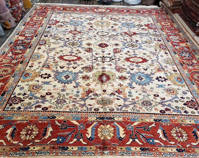Authentic woven legend rug Turkish Azeri rug oushak rug Natural dyes rug Mahal rug size 9'5"×10'5"