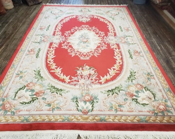 Chinese Art Deco Peking Rug Aubusson  red Chinese rug wool Chinese rug Peking  rug wool Chinese rug red savonnerie carpet 6'×9'