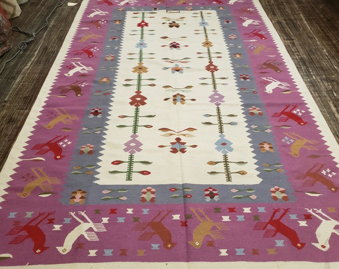 Handwoven Indian Dhurrie rug Flatweav black Dhurrie kelim wool Dhurrie rug 6'×9' Art Deco design Art and crafts design