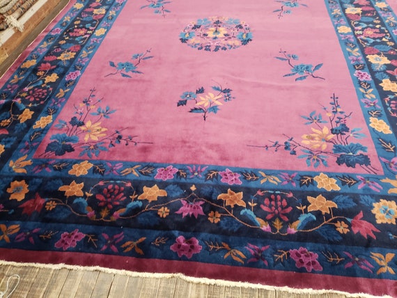 Peking Chinese Art Deco Antigue hand knotted wool rug with plam feld with royal blue colors border with rusty red and pink  size 9'×11'8"