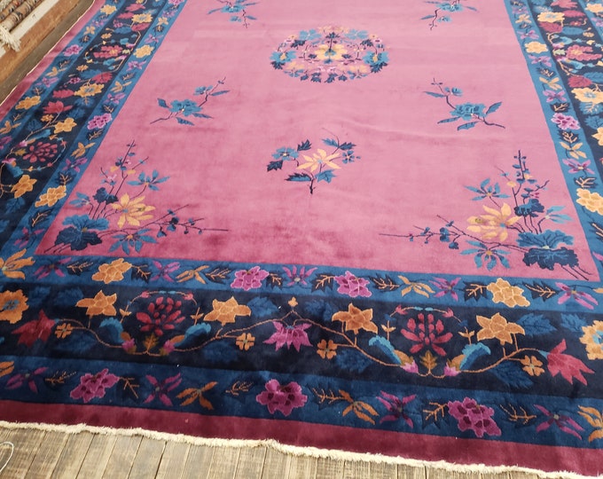 Peking Chinese Art Deco Antigue hand knotted wool rug with plam feld with royal blue colors border with rusty red and pink  size 9'×11'8"