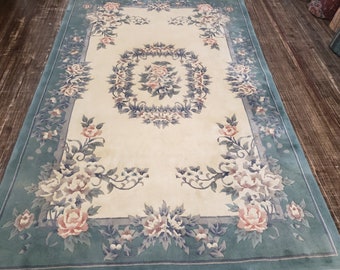 Art deco peking vloerkleed, handgeknoopte wol, aquagroene bloemen (5'6"x8'6")