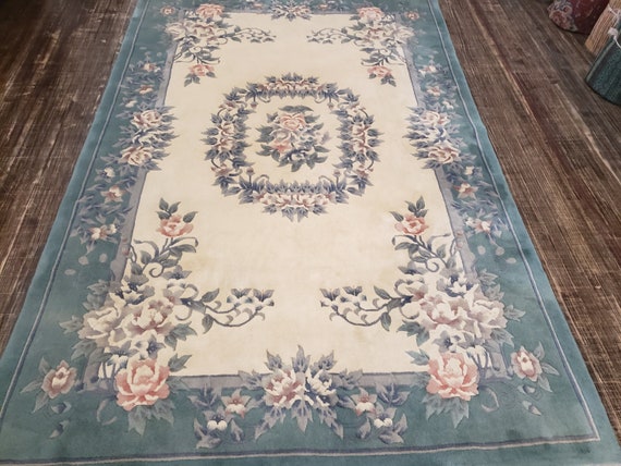 Art Deco  Chinese rug Peking rug  90 line wool hand knotted aqua green Chinese rug excellent quality wool vintage size 5'6"×8'6"