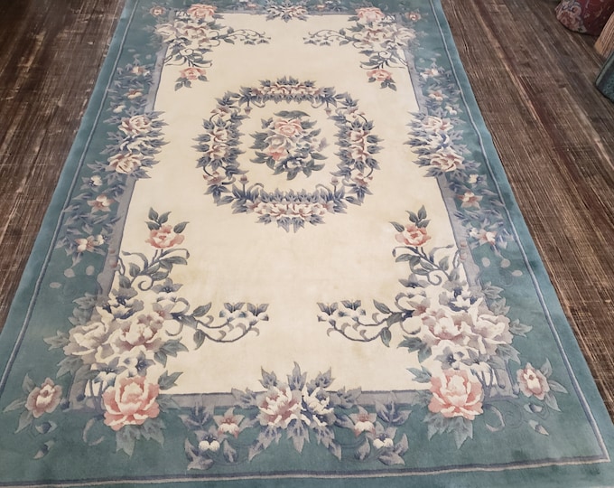 Art Deco  Chinese rug Peking rug  90 line wool hand knotted aqua green Chinese rug excellent quality wool vintage size 5'6"×8'6"