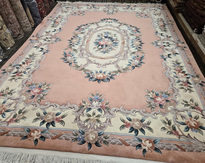 Chinese Art Deco Peking rug  90 line wool hand knotted  rug Aubusson Chinese rug actul size 10'×14' oriental rug  peach&beige Chinese rug