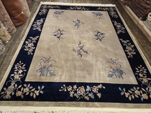 Art Deco  Chinese rug art Deco rug  90 line wool hand knotted  gray&blue rug excellent quality wool vintage rug  oriental rug size 8'×10'