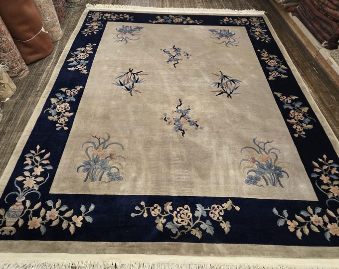Art Deco  Chinese rug art Deco rug  90 line wool hand knotted  gray&blue rug excellent quality wool vintage rug  oriental rug size 8'×10'