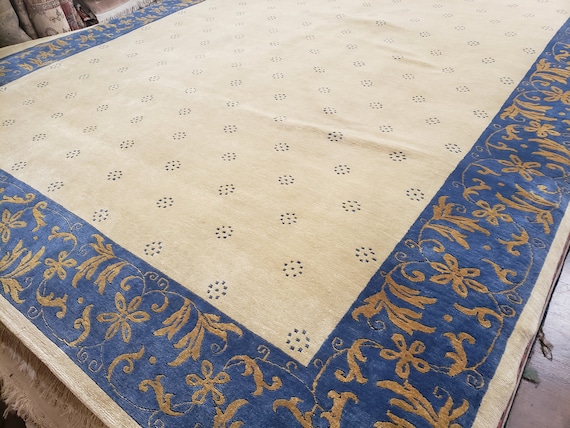 Chinese Art Deco Peking rug  Tibetan wool hand knotted excellent quality wool Arts and crafts rug size 9'×12' oriental rug blue & beige rug