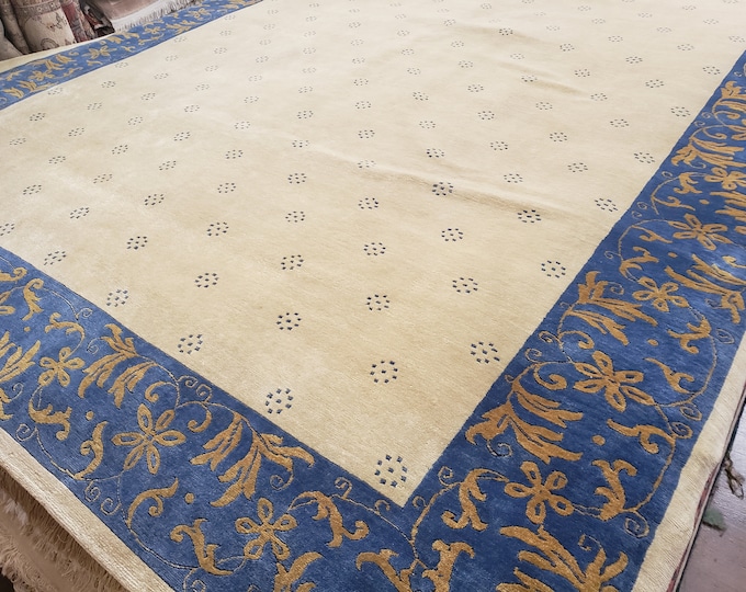 Chinese Art Deco Peking rug  Tibetan wool hand knotted excellent quality wool Arts and crafts rug size 9'×12' oriental rug blue & beige rug