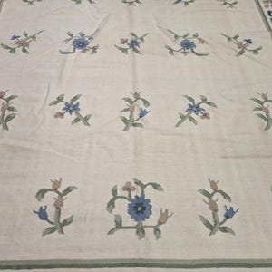 May include: Cream-colored textile with a repeating floral pattern in blue, pink, and green. The design features stylized flowers and leaves, with a border of geometric shapes and a green stripe. The fabric appears to be woven.