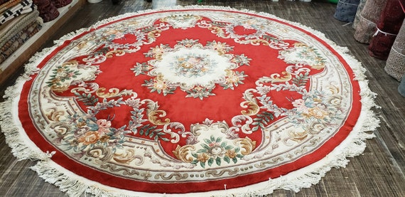 Round Chinese Art Deco Peking Rug Aubusson Chinese rug wool Chinese rug Peking rug Red Round rug wool Chinese rug