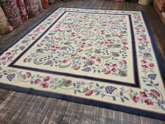 Art deco Chinese hook rug hook Chinese rug  hand made wool vintage hook rug floral design rug size 8'×10' wool oriental rug