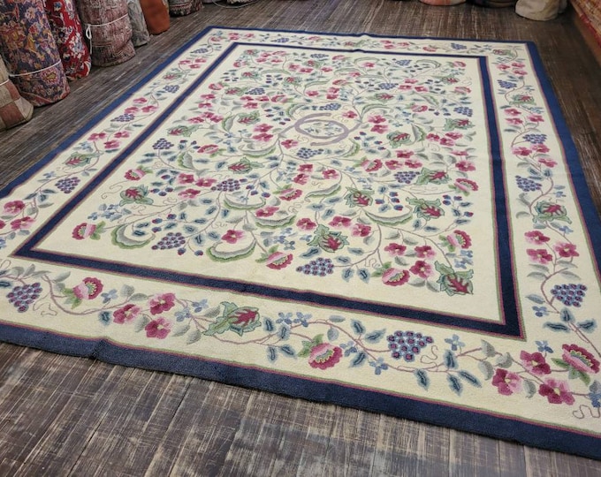 Art deco Chinese hook rug hook Chinese rug  hand made wool vintage hook rug floral design rug size 8'×10' wool oriental rug