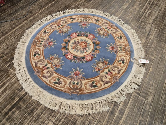 round Chinese Art Deco Peking Rug Aubusson Chinese rug wool Chinese rug Peking rug round rug wool Chinese rug 4'×4' blue&beige Aubusson rug