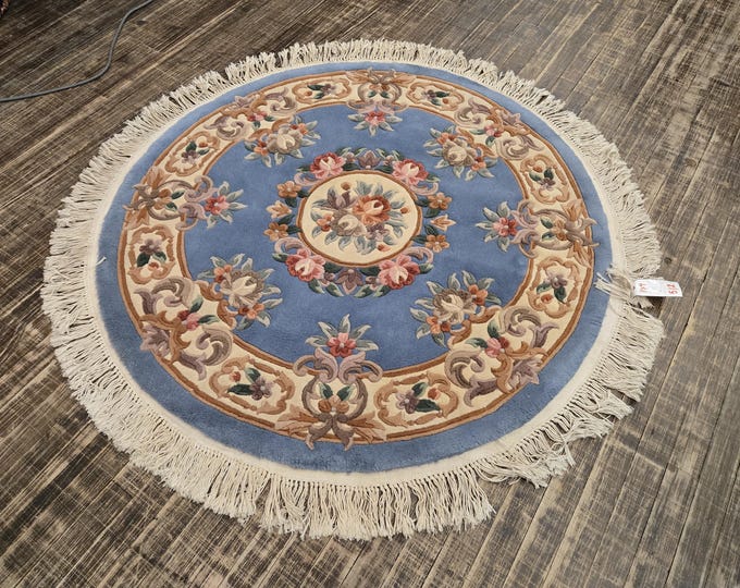 round Chinese Art Deco Peking Rug Aubusson Chinese rug wool Chinese rug Peking rug round rug wool Chinese rug 4'×4' blue&beige Aubusson rug