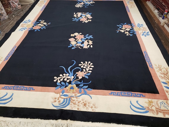 Chinese Art Deco Peking rug  90 line wool hand knotted rug excellent quality wool vintage rug size 9'×12' oriental rug black&beige