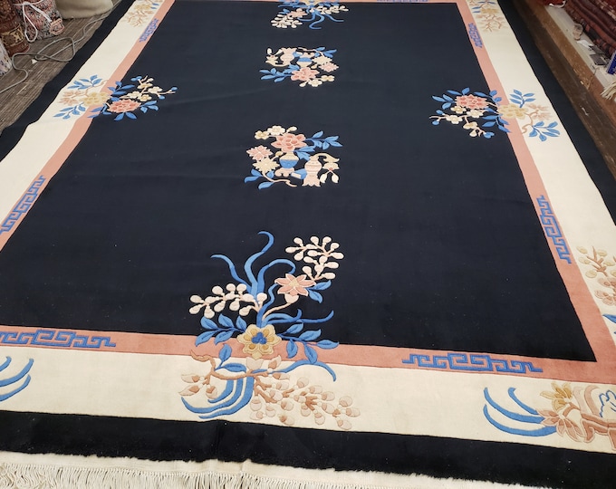 Chinese Art Deco Peking rug  90 line wool hand knotted rug excellent quality wool vintage rug size 9'×12' oriental rug black&beige