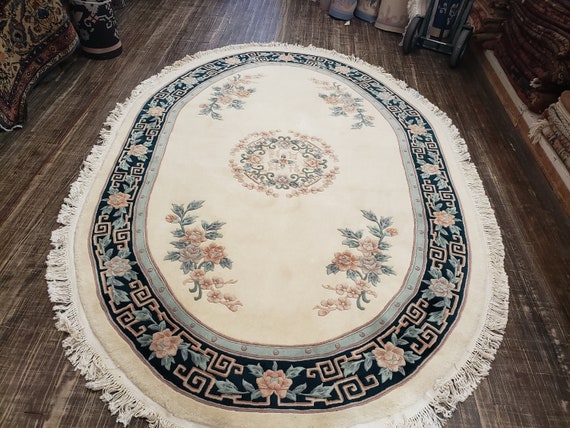Chinese Art Deco Peking Rug Aubusson blue Chinese rug wool Chinese rug Peking rug blue oval rug wool Chinese rug red savonnerie carpet 6'×9'