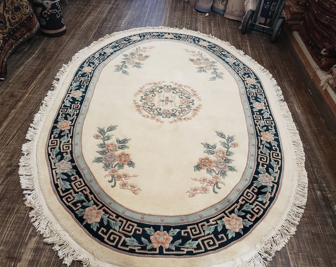 Chinese Art Deco Peking Rug Aubusson blue Chinese rug wool Chinese rug Peking rug blue oval rug wool Chinese rug red savonnerie carpet 6'×9'