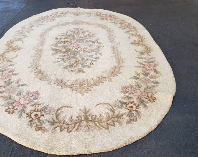 Hooked Chinese Aubusson vintage hook rug frnch county style oval wool vintage Aubusson size 6'×9'