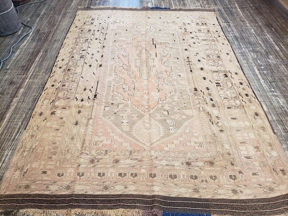 Afgan kelim Flatweav handmade wool rug vintage Flatweav kelim tribal rug geometric design brown   kelim rug vintage 1940's rug  size 5'×7'4"