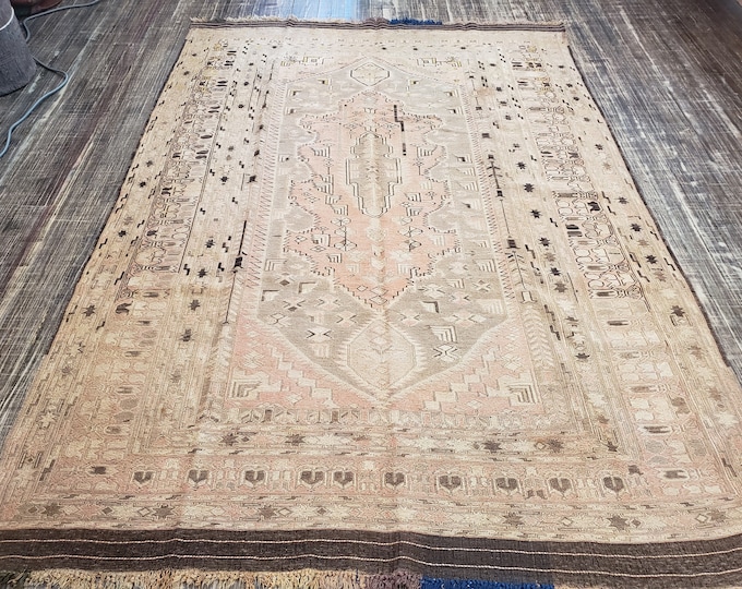 Afgan kelim Flatweav handmade wool rug vintage Flatweav kelim tribal rug geometric design brown   kelim rug vintage 1940's rug  size 5'×7'4"