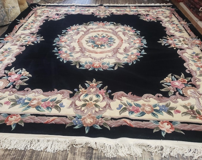 Chinese Art Deco Peking rug  90 line wool hand knotted  rug Aubusson Chinese rug size 9'6"×9'6' oriental rug square black&beige Chinese rug
