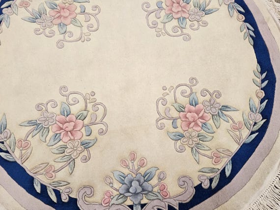 Round Chinese Art Deco Peking Rug Aubusson Chinese rug wool Chinese rug Peking rug oval rug wool Chinese rug 5'×5' blue&beige Aubusson rug