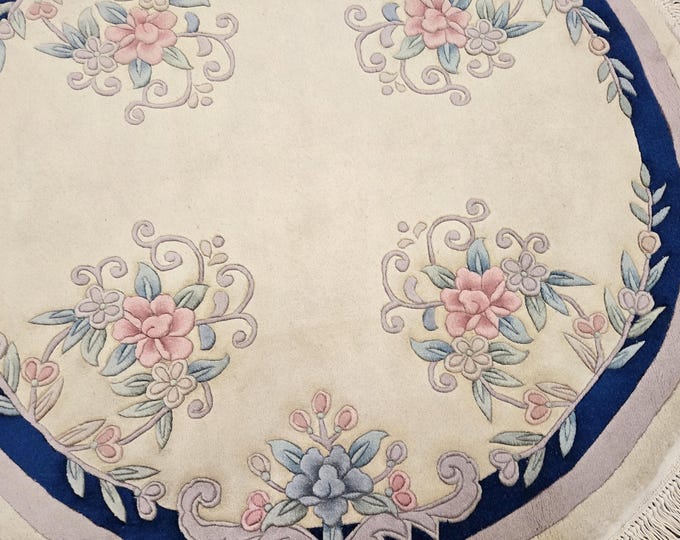 Round Chinese Art Deco Peking Rug Aubusson Chinese rug wool Chinese rug Peking rug oval rug wool Chinese rug 5'×5' blue&beige Aubusson rug