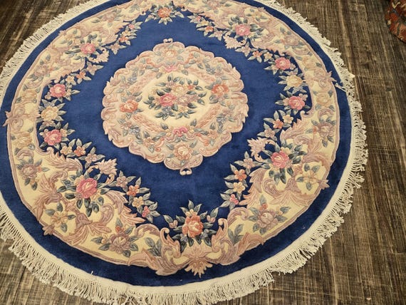 Round Chinese Art Deco Peking Rug Aubusson Chinese rug wool Chinese rug Peking rug royal blue rug Round rug wool Chinese rug size 6'6"×6'6"