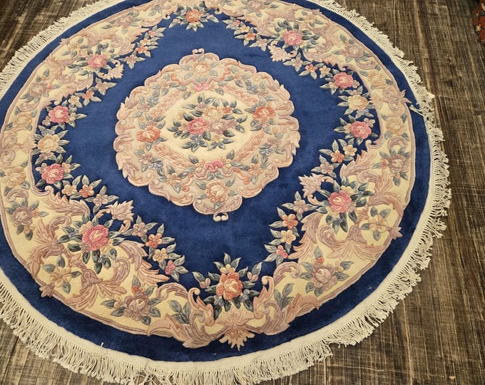 Round Chinese Art Deco Peking Rug Aubusson Chinese rug wool Chinese rug Peking rug royal blue rug Round rug wool Chinese rug size 6'6"×6'6"