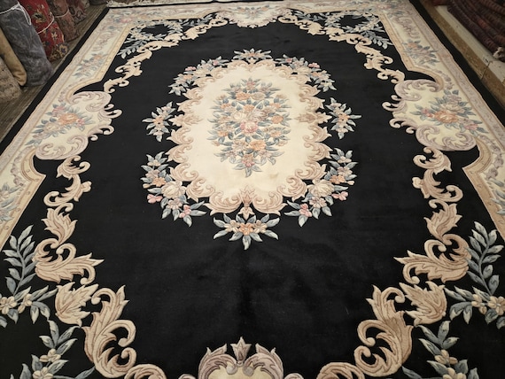 Chinese Art Deco Peking rug  90 line wool hand knotted  rug Aubusson Chinese rug size 9'×12' oriental rug  black&beige Chinese rug