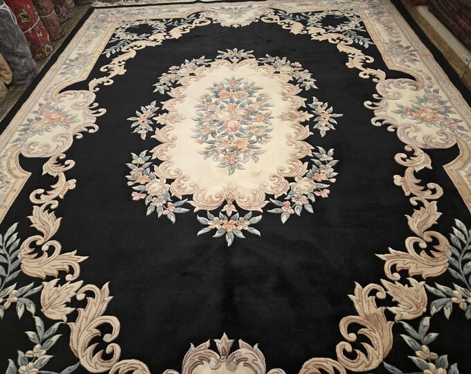 Chinese Art Deco Peking rug  90 line wool hand knotted  rug Aubusson Chinese rug size 9'×12' oriental rug  black&beige Chinese rug