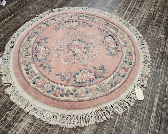 round Chinese Art Deco Peking Rug Aubusson Chinese rug wool Chinese rug Peking rug round rug wool Chinese rug 4'×4' peach&beige Aubusson rug