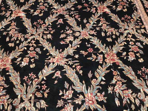 Chinese Art Deco Arts and crafts 120 line wool hand knotted  rug Aubusson Chinese rug size 9'×q2'  English garden royal black & peach Chines