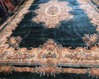 Art-deco pekingvloerkleed, 90-lijns wol, bosgroene bloemen, 9'x12'