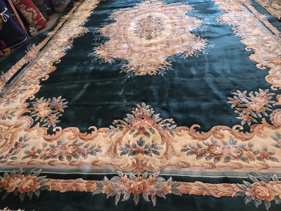 Chinese Art Deco Peking rug  90 line wool hand knotted  rug Aubusson Chinese rug size 12'×18' oriental rug  forest green&beige Chinese rug