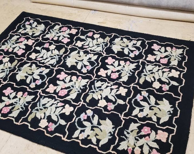 Aubusson hook rug Chinese hook rug black hand made wool vintage rug floral design rug size 4'×6' wool oriental rug