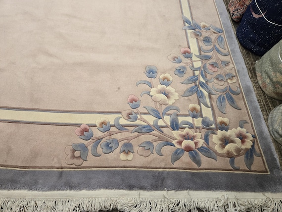 Chinese Art Deco Peking rug  90 line wool hand knotted  rug Aubusson Chinese rug  size 9'×13'2 oriental rug blue,beige,black,pink Chinese ru