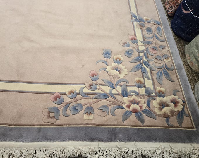 Chinese Art Deco Peking rug  90 line wool hand knotted  rug Aubusson Chinese rug  size 9'×13'2 oriental rug blue,beige,black,pink Chinese ru