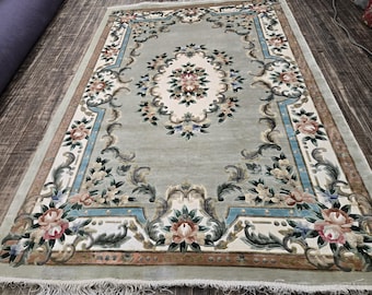 Vintage Chinese Art Deco Silk Rug, 5x8 Hand Knotted Aubusson
