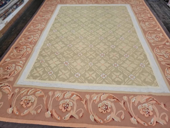 Aubusson rugs  french Aubusson Flatweav rug Savanery rug Flemish carpet wool Aubusson rug European rugs,Needlepoint green&copper 9'×12'