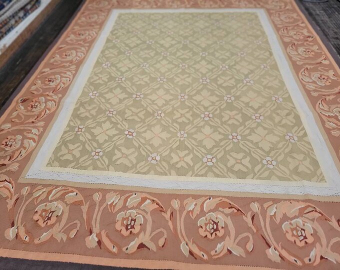 Aubusson rugs  french Aubusson Flatweav rug Savanery rug Flemish carpet wool Aubusson rug European rugs,Needlepoint green&copper 9'×12'